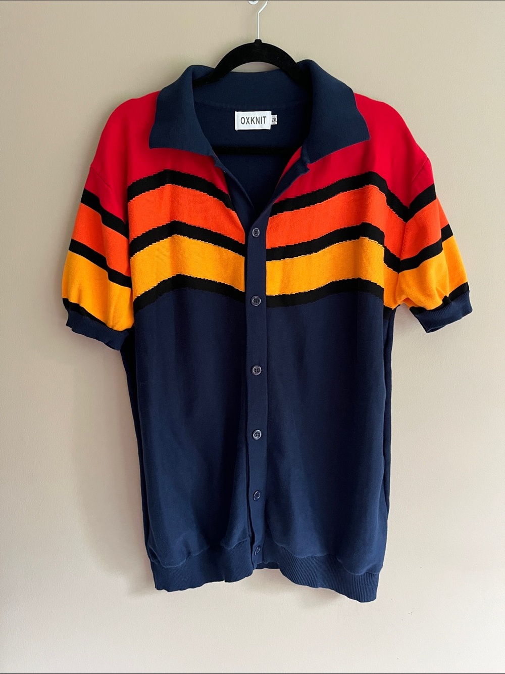 OXknit Dark Blue Art Striped Vintage Look Jacquard Knit Polo Cardigan size 2X